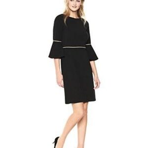 Tommy Hilfiger Women's LBD Scuba Bell Sleeve Midi Dress Gold Piping Scoop Neck